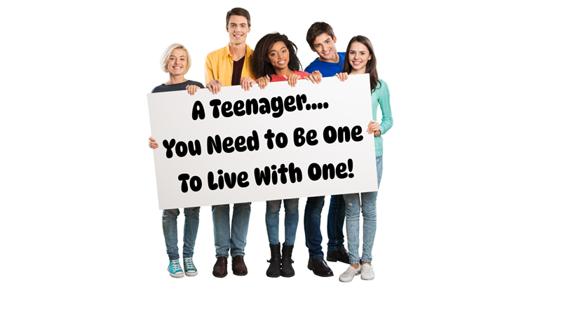 Teenager - 3 Boys and Two Girls Holding a Sign - A Teenager.... You Need to Be One To Live With One!