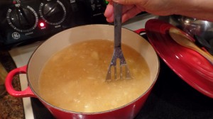 After the apples had softened, I took a potato masher and mashed the mixture until it resembled a course apple sauce. (I like a few lumps but you can used a sieve to achieve a smoother consistency. 