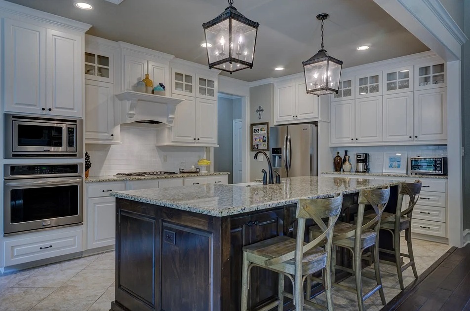 Kitchen with White Cabinets, Granite Counter-tops with Center Island - Kitchen Cabinets
