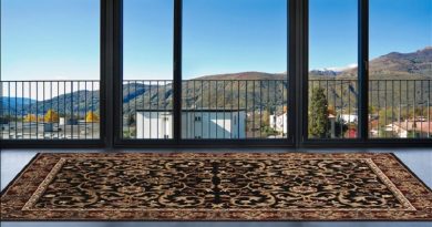 Large Area Rug on Floor in room with large windows over looking hills. - rug purchasing guide