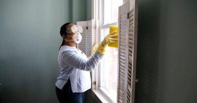 Woman in mask and goggles, cleaning a window