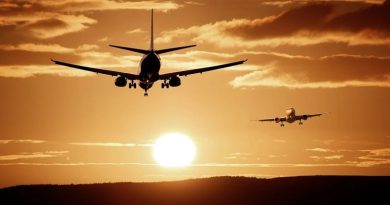 Commercial Planes in Sky at Sunset
