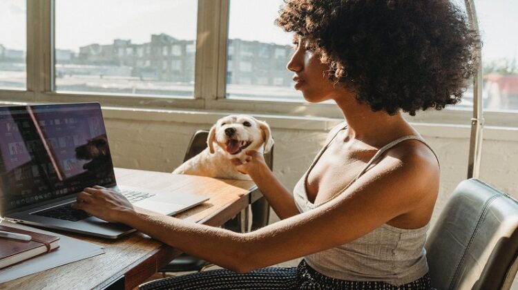 Woman working on her laptop while petting her dog