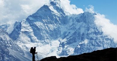 Unique Foreign Holiday Experiences Silhouette of man on skis looking up at Mount Everest