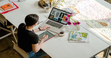 Working From Home Woman sitting a table with laptop and iPad