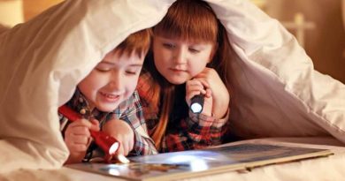 Makes It Simple for Kids to Love Reading / Boy and Girl under Blanket Reading with Flashlights