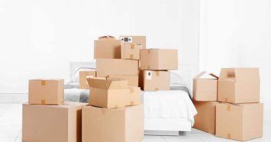 Open and filled packing boxes in bedroom
