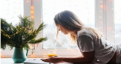woman reading a book in front of window with fairy lights next to a vase filld with fir tree trimmings
