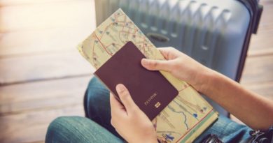 Staying Healthy When You Travel / Person next to suitcase holding passport and map