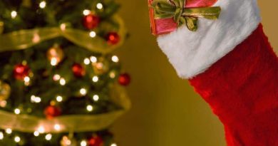 Red stocking with Christmas Tree Bokah