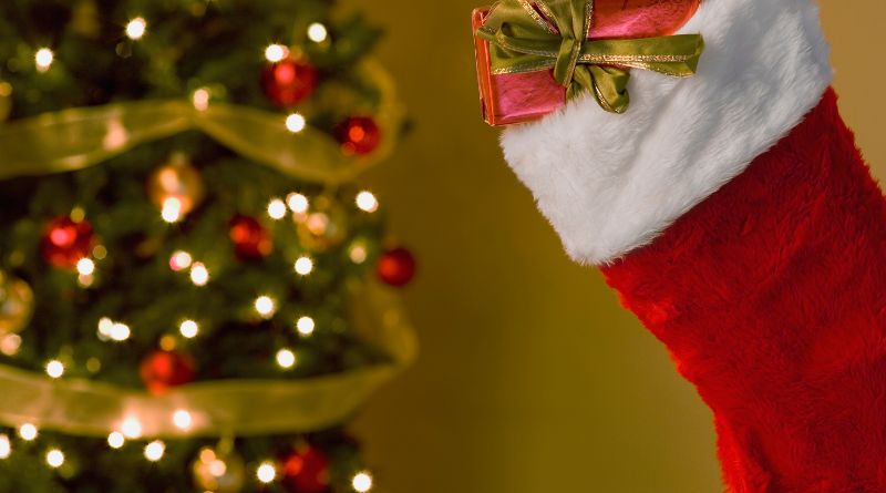 Red stocking with Christmas Tree Bokah