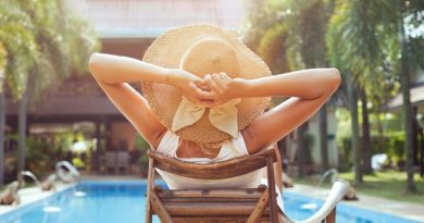 Swimwear Ideas for Summer 2022 . Woman with large sunhat sitting by a pool
