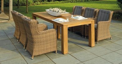 a Perfect Backyard for Entertaining / Lovely Wicker and Wood Dining set on a Stone Floor Patio