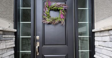 Black Front Door with Spring Wreath