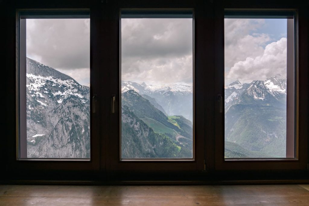 High Tech Materials / Large Windows overlooking white capped mountains