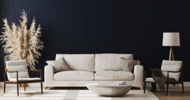 Changes That Can Make a Big Impact / Living room with dark blue walls and neutral furniture