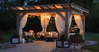 Backyard Ideas to Create a Perfect Outdoor Paradise / Beautiful lighted backyard pergola with outdoor furniture and potted plants