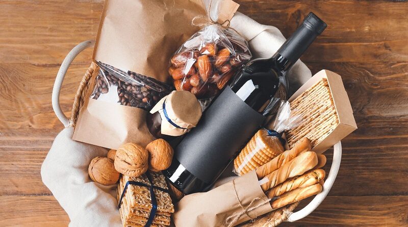 Give Food as a Gift / Food Gift Basket with Crackers, Nuts, Dried Fruit and Wine