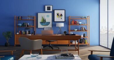 Simple Ways To Improve Your Décor / Home office with blue walls, and sleek furniture