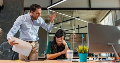 Hostile Work Environment / Male employee shouting at a distressed woman in a green dress