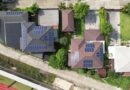 SOLAR / Aerial view of homes with solar panels on the roofs