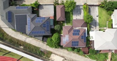 SOLAR / Aerial view of homes with solar panels on the roofs