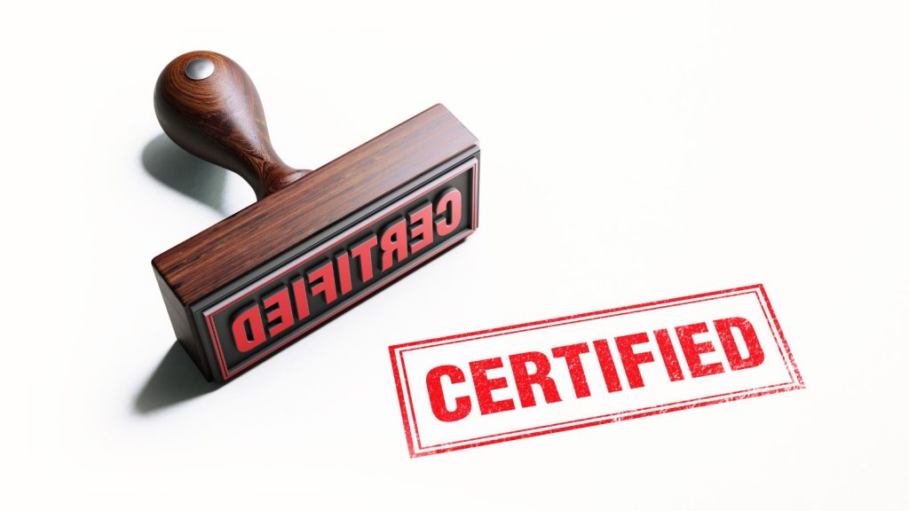 The word Certified Stamped in Red