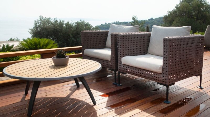 Rustic Woven Outdoor Chairs and Table on Wood Deck