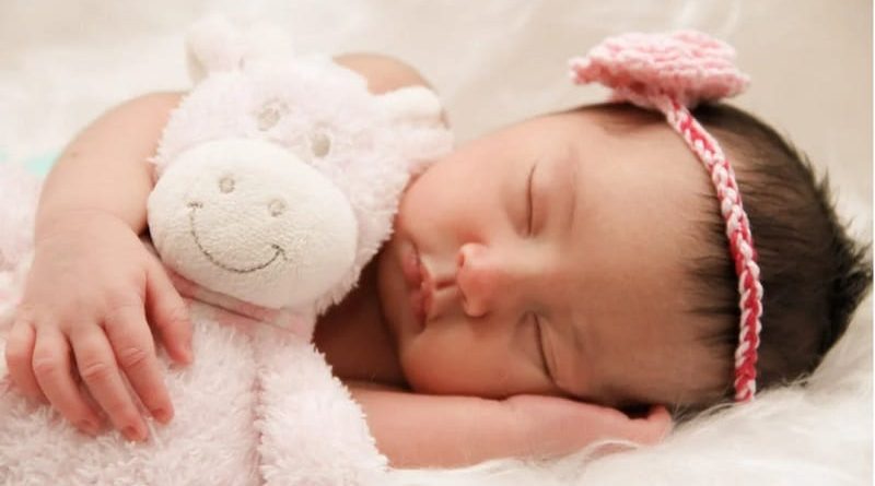10 Ways to Keep Your Newborn Healthy / Sleeping baby girl, holding a stuffed animal