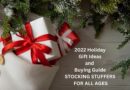 2022 Holiday Gift Idea and Buying Guide - STOCKING STUFFERS FOR ALL AGES / Stocking Filled with gifts hanging from a mantel trimmed in Christmas Greenery