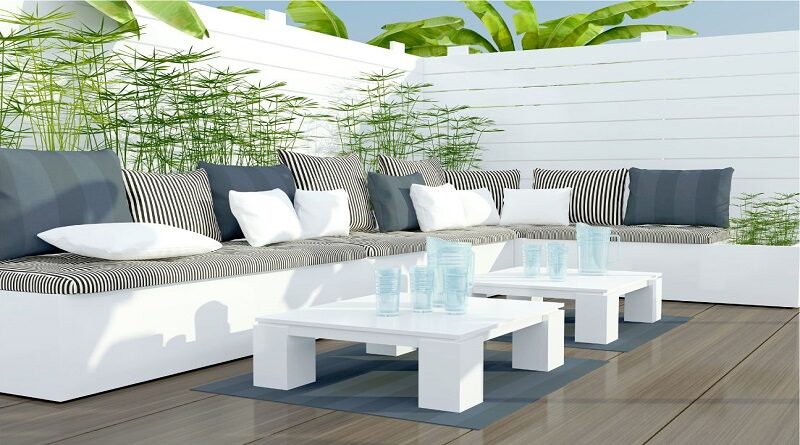 White Bench Seating with Black and White Striped Cushions with White Tables on Lovely Backyard Patio