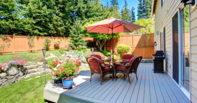 Outdoor Entertainment Area / Backyard Deck with Rattan Chairs a Table Umbrella and BBQ Grill