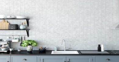 Tiled backsplash wall in kitchen