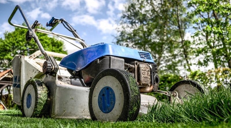 How to Transform an Unloved Backyard / Blue lawn mower on lush green grass