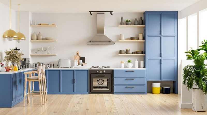 Streamline Kitchen Dusky Blue Cabinets Silver Door and Cabinet Hardware / Top 5 Trends in Kitchen Cabinet Design for 2023