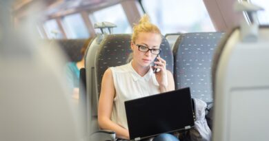 Woman on a train with her iPhone and Laptop /