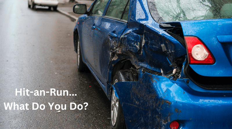 Blue compact car with damage to the drivers side / What to do in a Hit and Run Accident in Florida