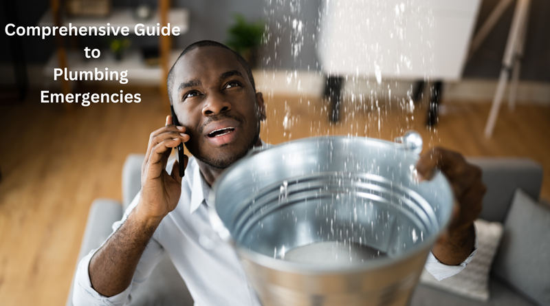 Man holding a bucket under a leak in his ceiling while talking on his cell phone / Comprehensive Guide to Plumbing Emergencies: From Detection to Repair