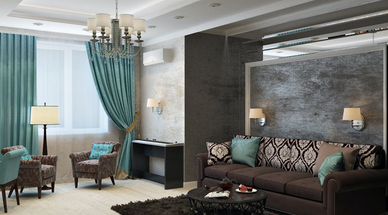 Luxurious Living Area in Brown Silver and Teal /