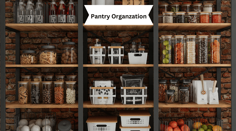 Orderly Shelves of food in Kitchen Pantry