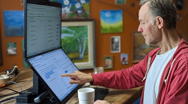 Man using a touchscreen computer with a stacked monitor.