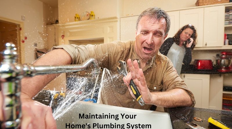 Man holding wrench with water spraying all over him from his kitchen faucet / Proactive Tips for Managing and Maintaining Your Home's Plumbing System