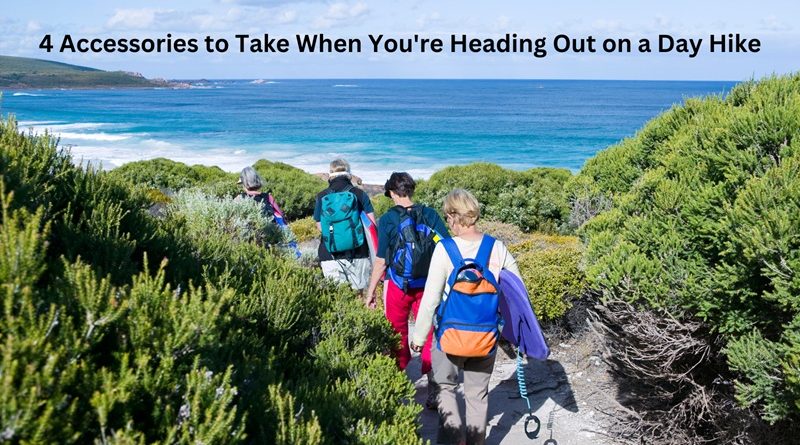 4 People Wearing Backpacks Hiking Down a Trail to the Beach / 4 Accessories to Take When You're Heading Out on a Day Hike