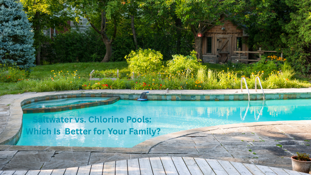 Backyard pool with a wooden and a playhouse house and trees / Saltwater vs. Chlorine Pools: Which Is Better for Your Family?