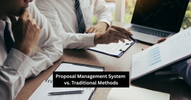3 Men and a desk with laptop, clipboards, and pens. / Management Proposal System