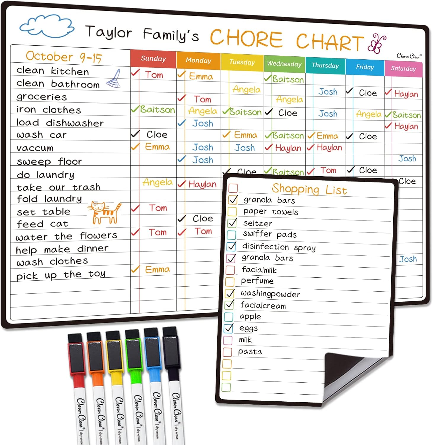 Magnetic Dry Erase Chore Chart - 14.5\"x11\" Chore Chart for Kids, Teens and Adults - 6.5\"x8.5\" List Board for Fridge - 6 Extra Fine Point Markers Included - Shipped Flat